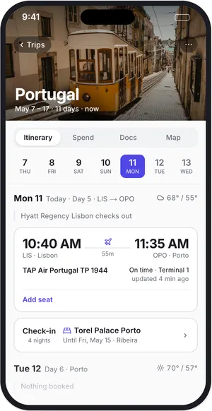 SirTripsALot’s itinerary screen for an example trip to Portugal.